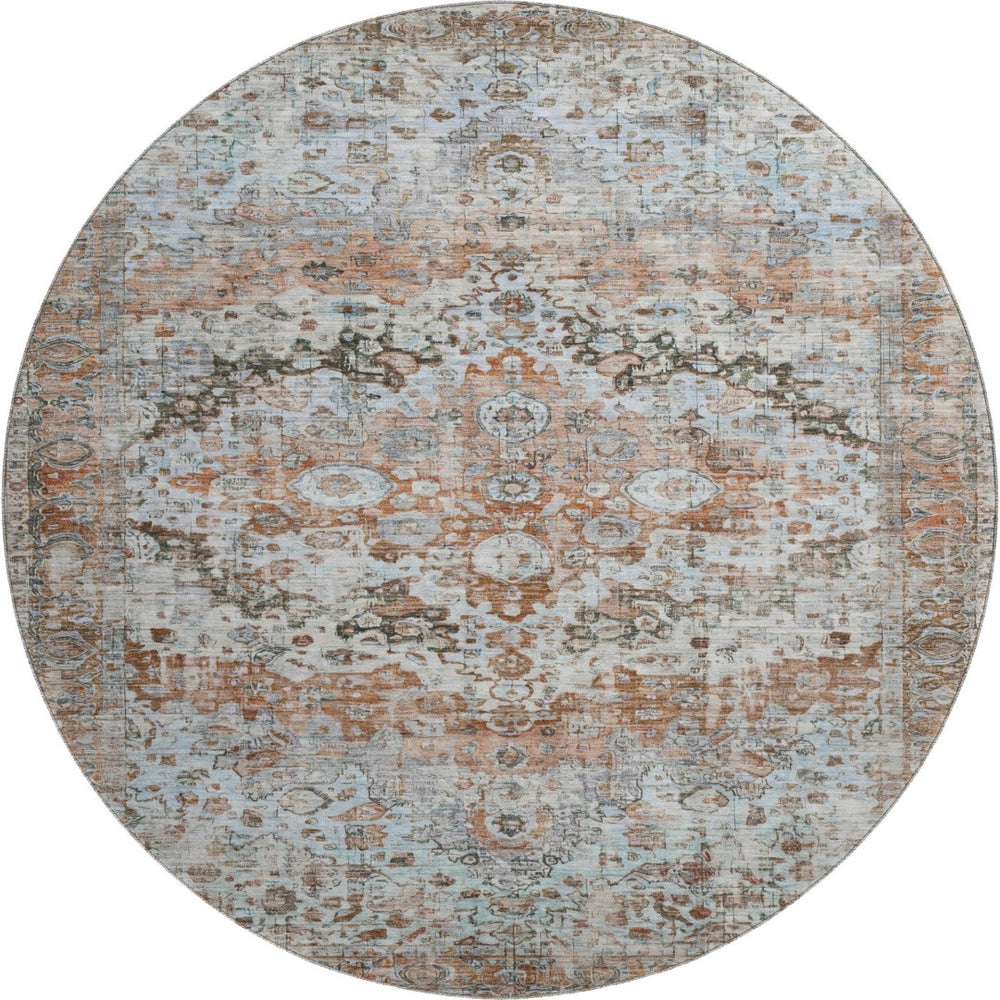 HomeRoots 8' Luxurious Rust & Beige Oriental Washable Round Rug with UV Protection for High-Traffic Areas 700286