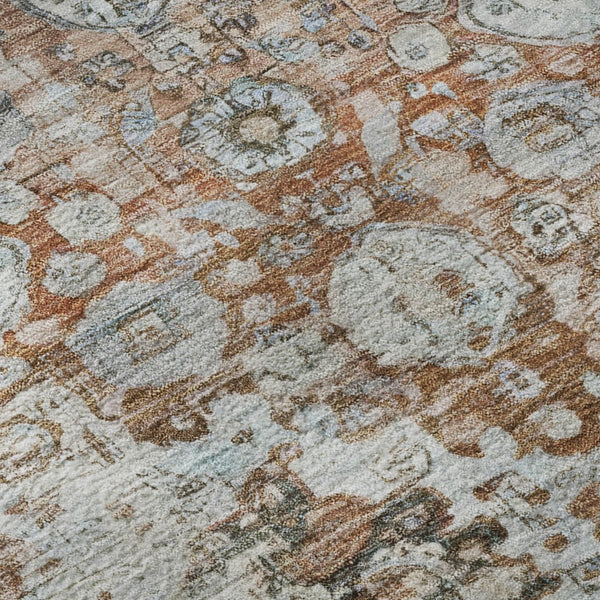 HomeRoots 8' Luxurious Rust & Beige Oriental Washable Round Rug with UV Protection for High-Traffic Areas 700286