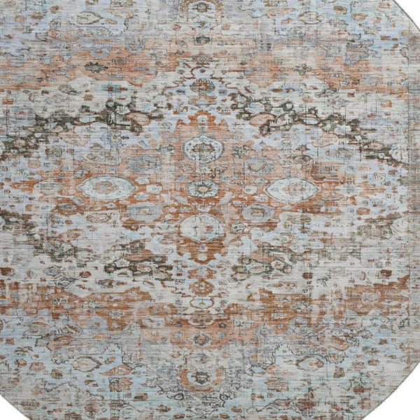 HomeRoots 8' Luxurious Rust & Beige Oriental Washable Round Rug with UV Protection for High-Traffic Areas 700286