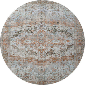 HomeRoots 8' Luxurious Rust & Beige Oriental Washable Round Rug with UV Protection for High-Traffic Areas 700286