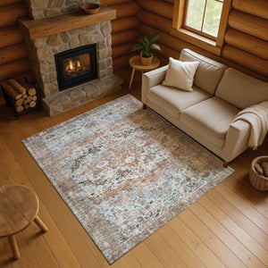 HomeRoots 8' X 10' Washable Rust and Beige Oriental Area Rug with UV Protection for High-Traffic Spaces 700287