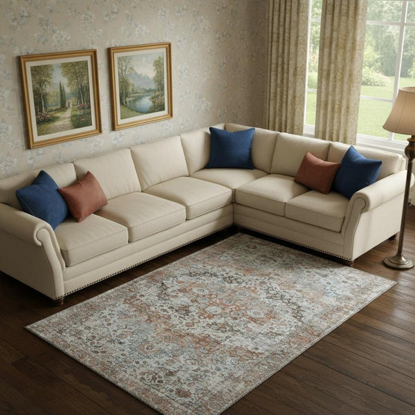 HomeRoots 10' X 14' Elegant Rust & Beige Oriental Area Rug - Washable, UV Protected, Perfect for High-Traffic Homes 700289