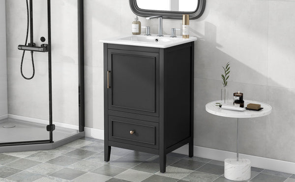 English Elm 20" Bathroom Vanity with Sink and Ceramic Top, Modern Freestanding Cabinet with Drawer & Shelf Storage, Adjustable Feet for Stability and 200lb Capacity Black N725P192821B