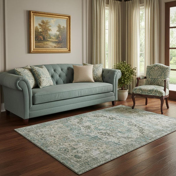 HomeRoots 5' X 8' Classic Sage Beige and Teal Oriental Washable Area Rug with UV Protection for High Traffic 700291