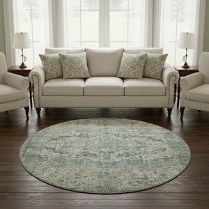 HomeRoots 8' Sage Beige and Teal Oriental Round Rug - Washable, UV-Protected, Durable for High-Traffic Areas 700292