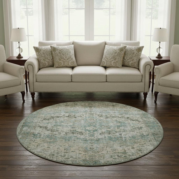 HomeRoots 8' Sage Beige and Teal Oriental Round Rug - Washable, UV-Protected, Durable for High-Traffic Areas 700292