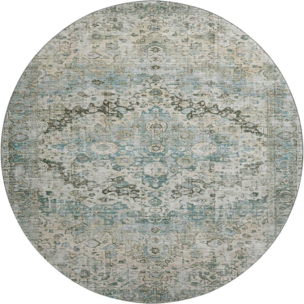 HomeRoots 8' Sage Beige and Teal Oriental Round Rug - Washable, UV-Protected, Durable for High-Traffic Areas 700292