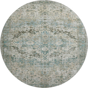 HomeRoots 8' Sage Beige and Teal Oriental Round Rug - Washable, UV-Protected, Durable for High-Traffic Areas 700292