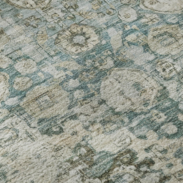 HomeRoots 8' Sage Beige and Teal Oriental Round Rug - Washable, UV-Protected, Durable for High-Traffic Areas 700292