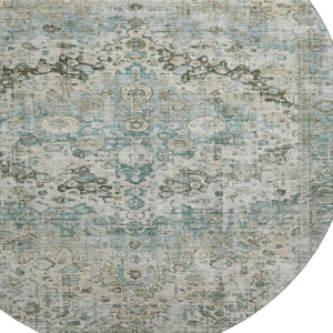 HomeRoots 8' Sage Beige and Teal Oriental Round Rug - Washable, UV-Protected, Durable for High-Traffic Areas 700292