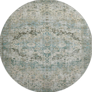 HomeRoots 8' Sage Beige and Teal Oriental Round Rug - Washable, UV-Protected, Durable for High-Traffic Areas 700292