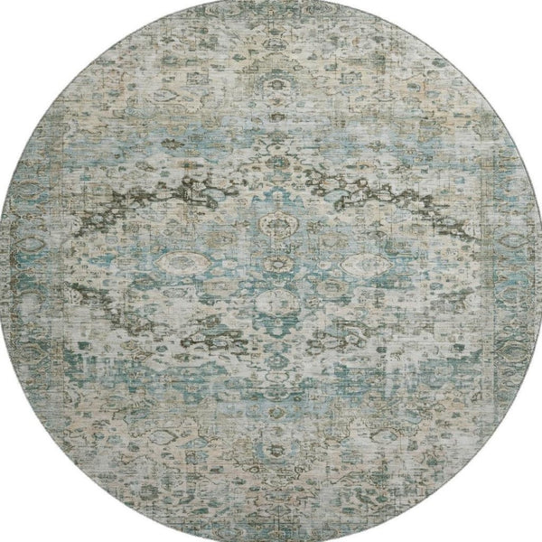 HomeRoots 8' Sage Beige and Teal Oriental Round Rug - Washable, UV-Protected, Durable for High-Traffic Areas 700292
