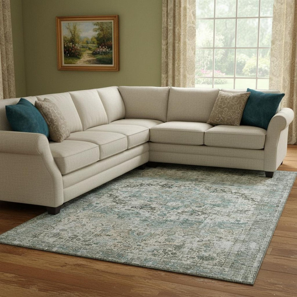 HomeRoots 8' X 10' Sage Beige & Teal Oriental Area Rug - Durable, Stain Resistant with UV Protection & Easy Care 700293