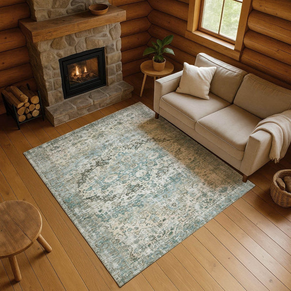 HomeRoots 8' X 10' Sage Beige & Teal Oriental Area Rug - Durable, Stain Resistant with UV Protection & Easy Care 700293