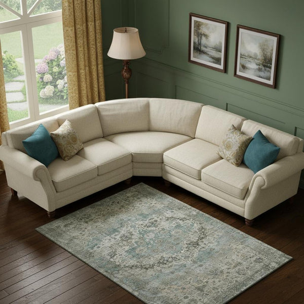 HomeRoots 9' X 12' Sage Beige & Teal Oriental Area Rug - Washable, UV Protected, Non-Slip, Stain Resistant Design 700294