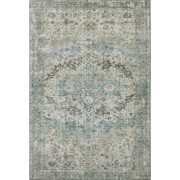 HomeRoots 9' X 12' Sage Beige & Teal Oriental Area Rug - Washable, UV Protected, Non-Slip, Stain Resistant Design 700294