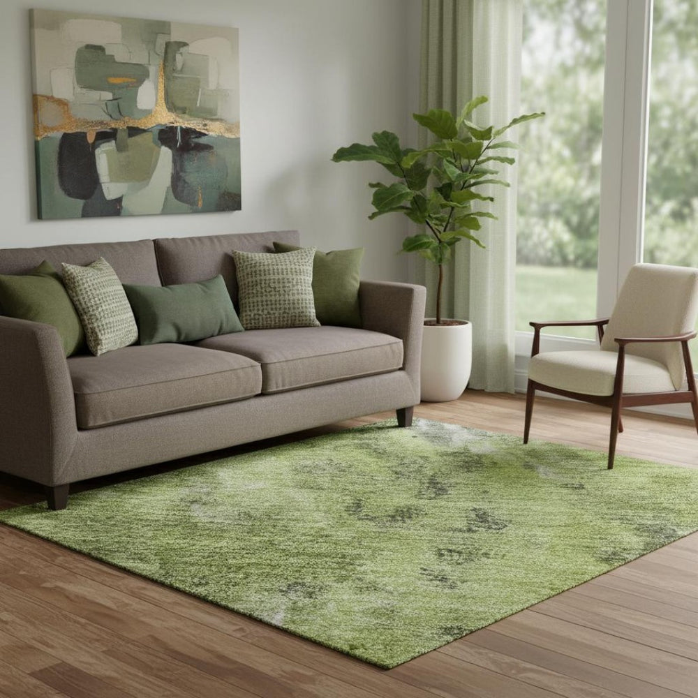 HomeRoots 5' X 8' Artichoke Green, Gray & Ivory Abstract Washable Area Rug – UV Protected, Easy Care & Stylish! 700297