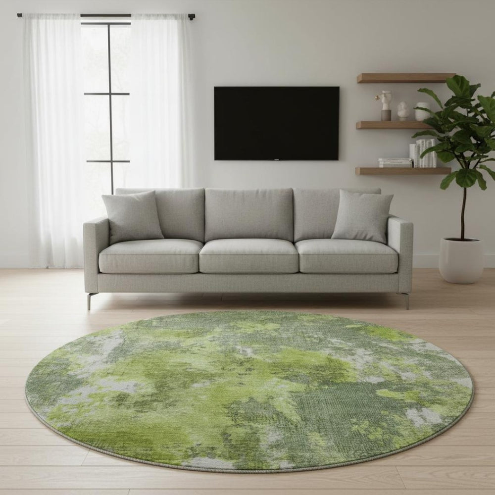 HomeRoots 8' Washable Round Area Rug in Artichoke Green, Gray & Ivory - UV Protected, Modern Abstract Design 700298