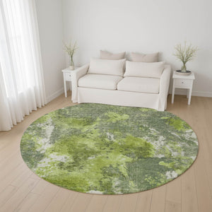 HomeRoots 8' Washable Round Area Rug in Artichoke Green, Gray & Ivory - UV Protected, Modern Abstract Design 700298