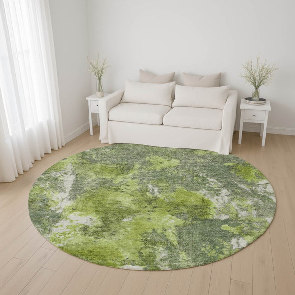 HomeRoots 8' Washable Round Area Rug in Artichoke Green, Gray & Ivory - UV Protected, Modern Abstract Design 700298