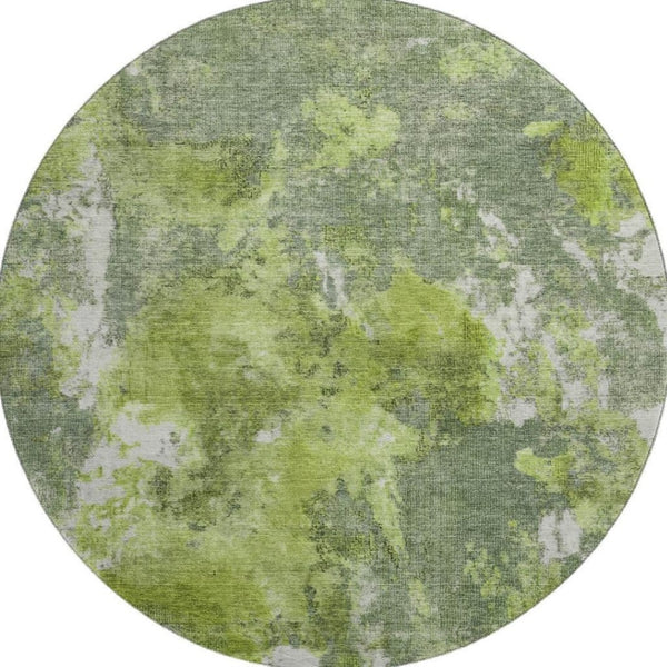 HomeRoots 8' Washable Round Area Rug in Artichoke Green, Gray & Ivory - UV Protected, Modern Abstract Design 700298
