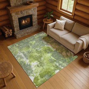 HomeRoots 8' X 10' Artichoke Green Gray Ivory Abstract Washable Area Rug - Modern Design & UV Protection 700299