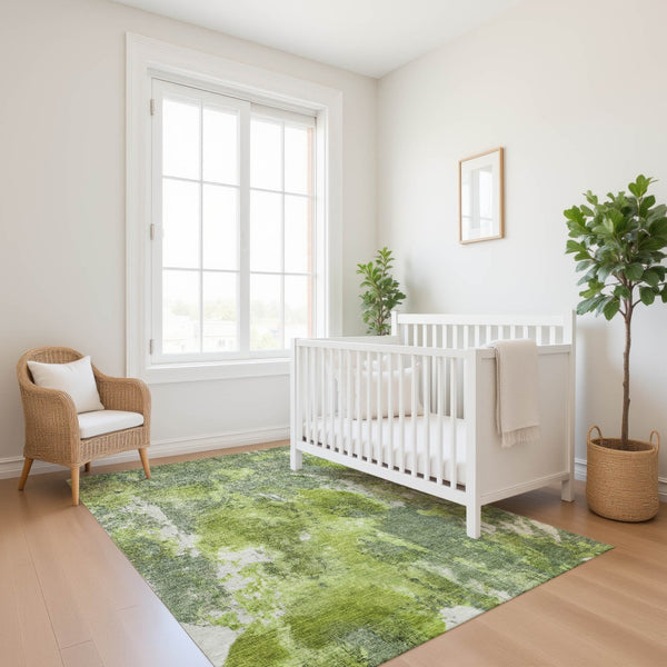 HomeRoots 8' X 10' Artichoke Green Gray Ivory Abstract Washable Area Rug - Modern Design & UV Protection 700299