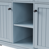 English Elm K&K 53Inch Large Kitchen Island With Drop Leaf,Power Outlet,Door Internal Storage Rack,Rolling Kitchen Cart On 5 Wheels With 5 Open Side Racks For Kitchen,Dining Room,Grey Blue(Not Include Bar Stools)