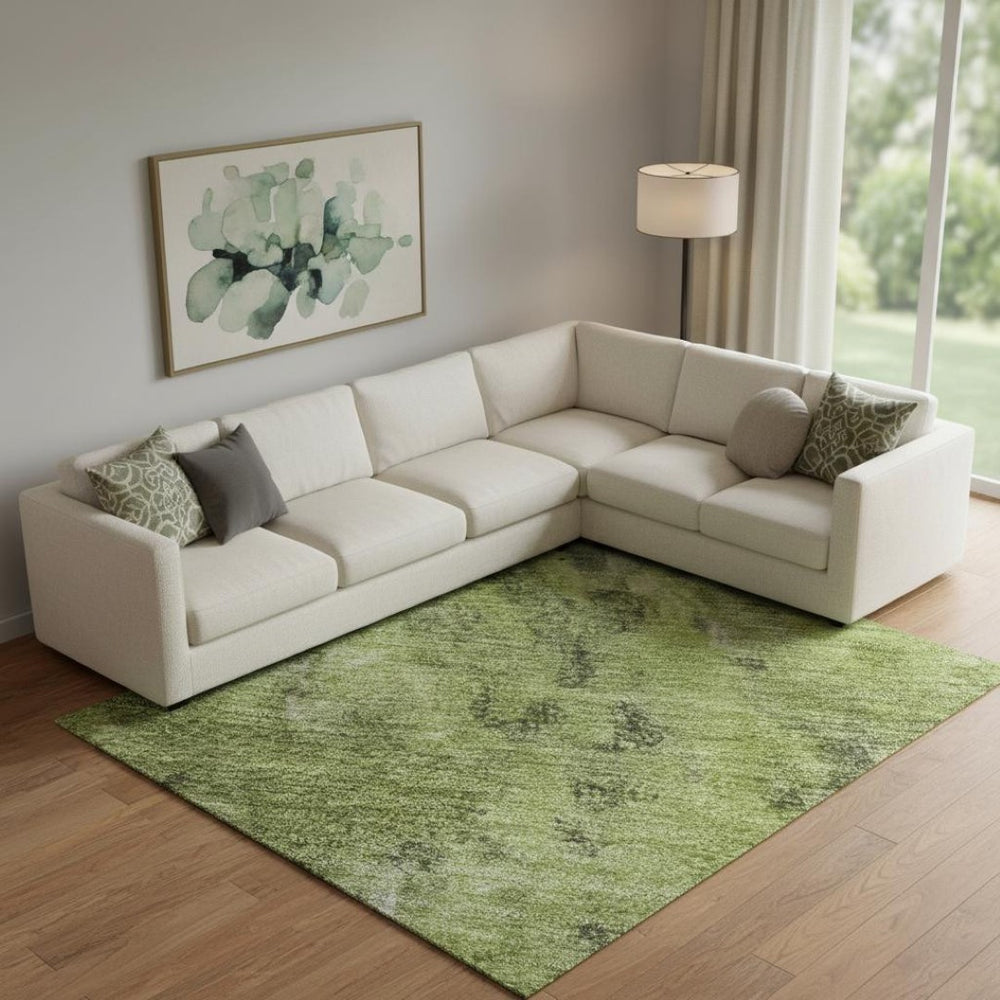 HomeRoots 9' X 12' Artichoke Green, Gray & Ivory Abstract Washable Area Rug with UV Protection & Style Boost 700300