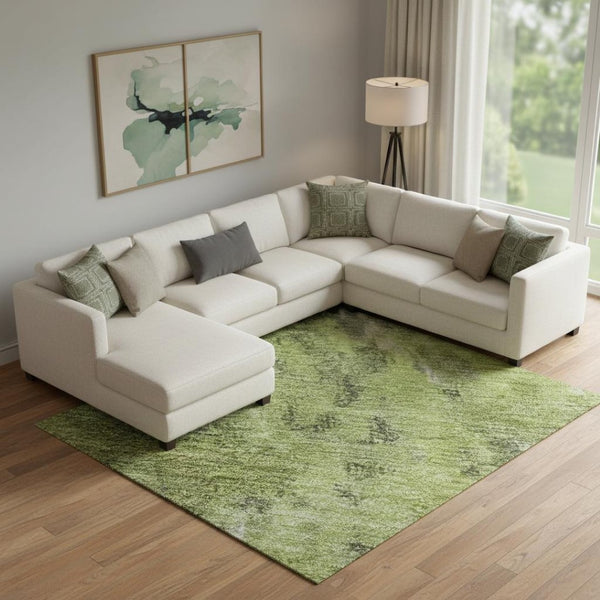 HomeRoots 10' Artichoke Green Gray Ivory Abstract Washable Area Rug with UV Protection for Modern Spaces 700301