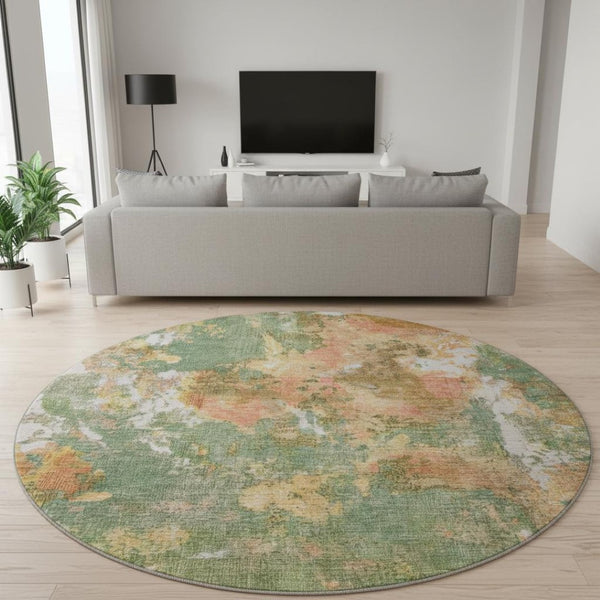 HomeRoots 8' Fern Green Abstract Round Rug – Washable, UV-Protected, Pet-Friendly Design for Modern Spaces 700304
