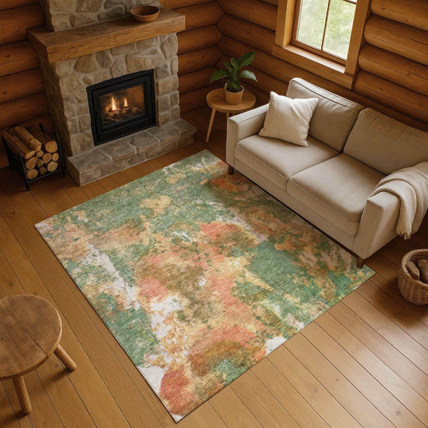 HomeRoots 10' Abstract Washable Area Rug in Fern Green, Rust & Copper - UV Protected, Stain Resistant & Durable 700307