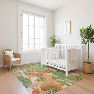 HomeRoots 10' Abstract Washable Area Rug in Fern Green, Rust & Copper - UV Protected, Stain Resistant & Durable 700307
