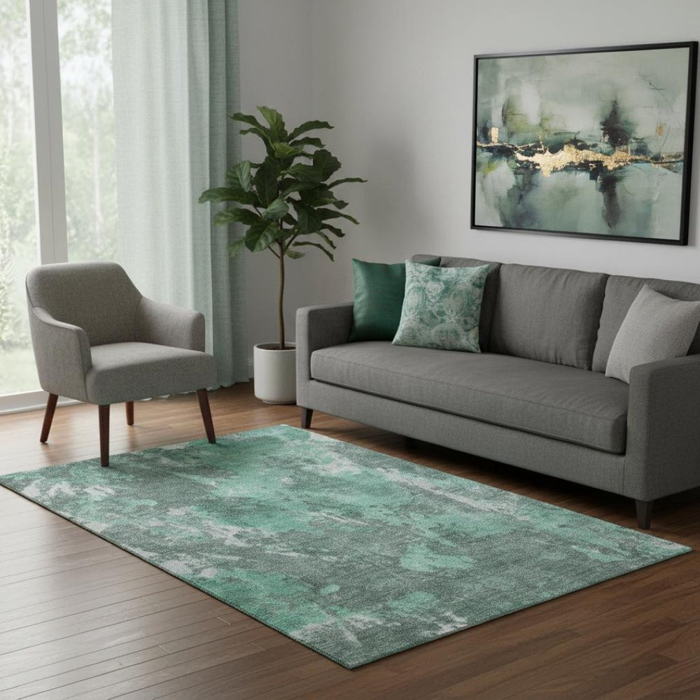 HomeRoots 5' X 8' Teal and Silver Abstract Area Rug - Washable, UV Protected, Durable for High-Traffic Spaces 700309