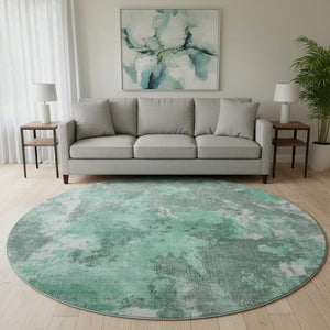 HomeRoots 8' Teal and Silver Abstract Round Rug - Washable, UV Protected, Stain Resistant for Easy Care! 700310