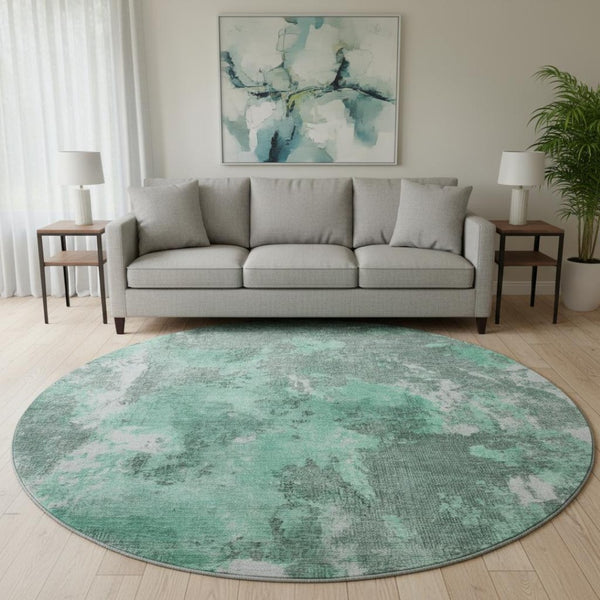 HomeRoots 8' Teal and Silver Abstract Round Rug - Washable, UV Protected, Stain Resistant for Easy Care! 700310