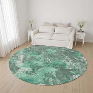 HomeRoots 8' Teal and Silver Abstract Round Rug - Washable, UV Protected, Stain Resistant for Easy Care! 700310