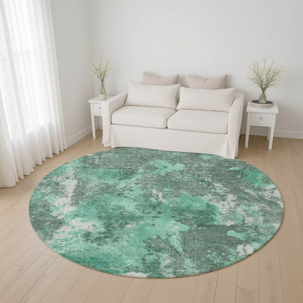 HomeRoots 8' Teal and Silver Abstract Round Rug - Washable, UV Protected, Stain Resistant for Easy Care! 700310