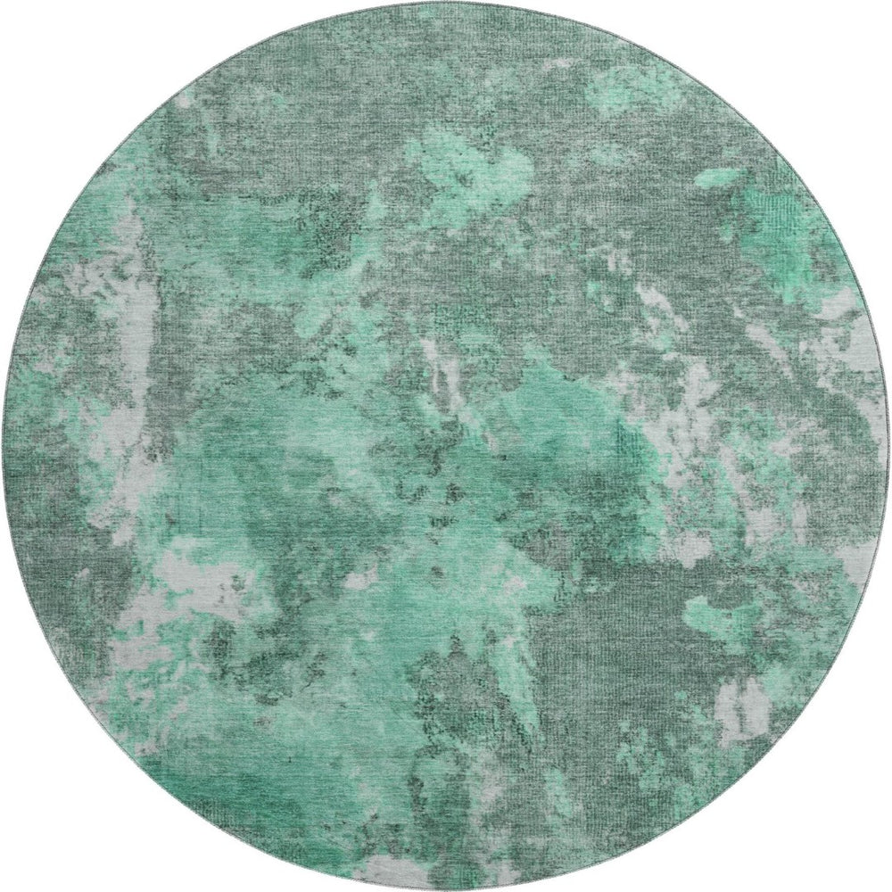 HomeRoots 8' Teal and Silver Abstract Round Rug - Washable, UV Protected, Stain Resistant for Easy Care! 700310