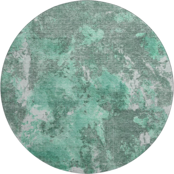 HomeRoots 8' Teal and Silver Abstract Round Rug - Washable, UV Protected, Stain Resistant for Easy Care! 700310