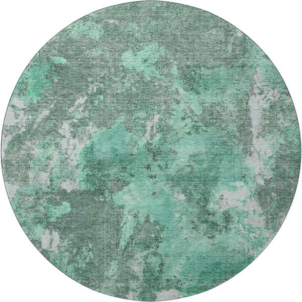 HomeRoots 8' Teal and Silver Abstract Round Rug - Washable, UV Protected, Stain Resistant for Easy Care! 700310