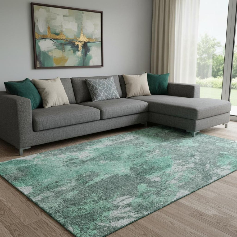 HomeRoots 8' X 10' Teal & Silver Abstract Area Rug – Washable, UV Protected, Stylish & Durable for Busy Homes 700311