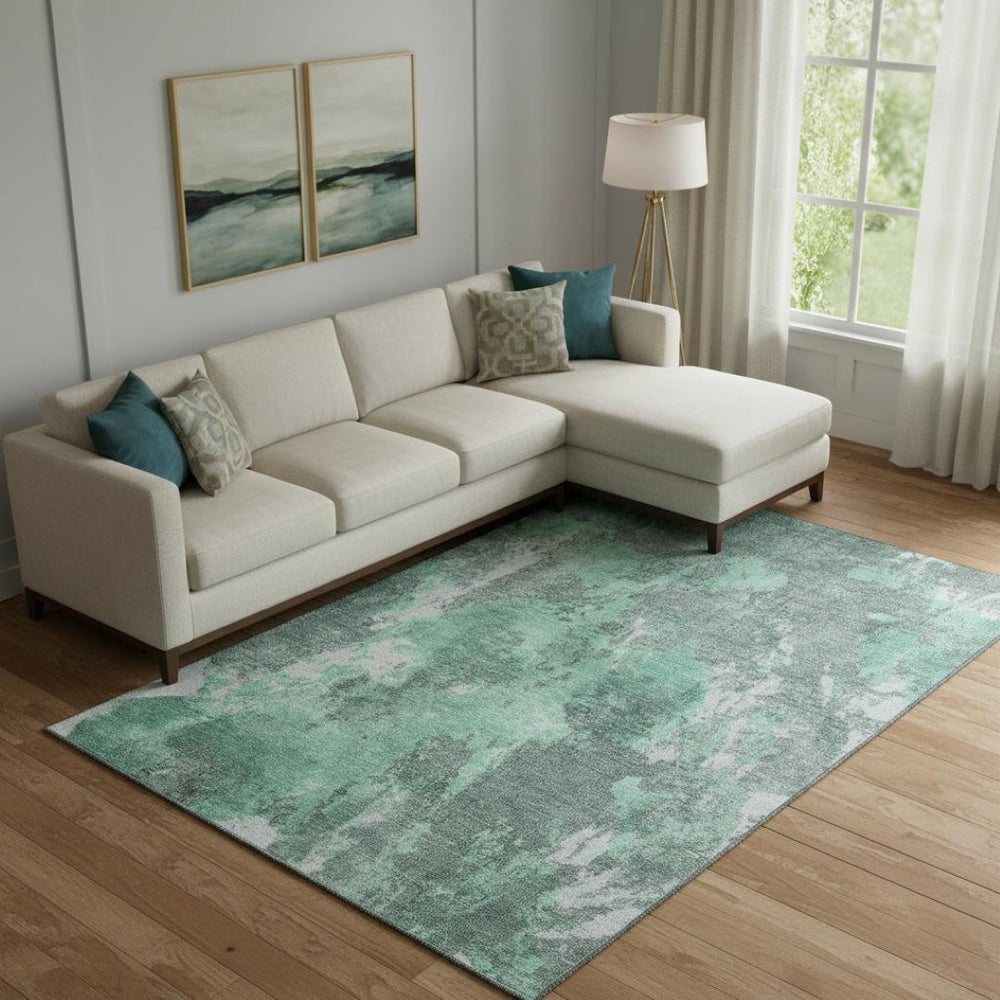 HomeRoots 9' X 12' Teal and Silver Abstract Area Rug - Washable, UV-Protected, Non-Slip for Busy Homes 700312
