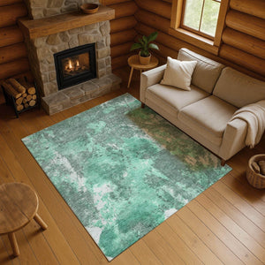 HomeRoots 9' X 12' Teal and Silver Abstract Area Rug - Washable, UV-Protected, Non-Slip for Busy Homes 700312