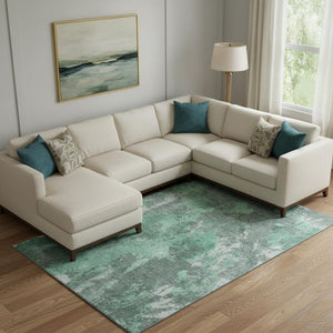 HomeRoots 10' X 14' Teal and Silver Abstract Washable Area Rug with Non-Slip Backing & UV Protection 700313