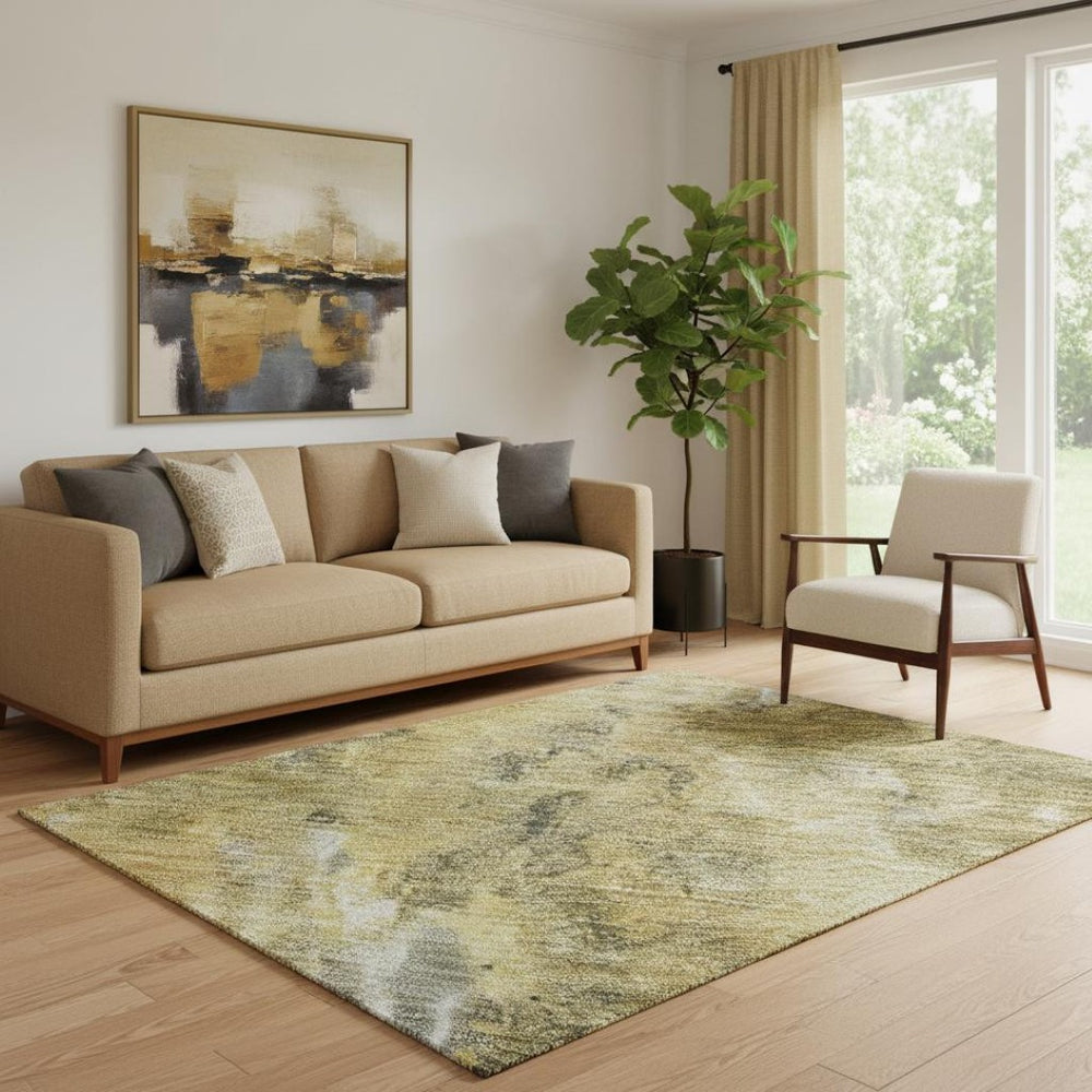 HomeRoots 5' X 8' Abstract Area Rug in Taupe, Gold & Ivory – Washable, UV-Protected, Stain-Resistant Design 700315
