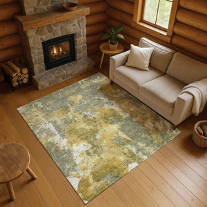 HomeRoots 5' X 8' Abstract Area Rug in Taupe, Gold & Ivory – Washable, UV-Protected, Stain-Resistant Design 700315