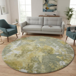 HomeRoots 8' Washable Round Rug in Taupe, Gold & Ivory Abstract Design - Stain Resistant & UV Protected! 700316