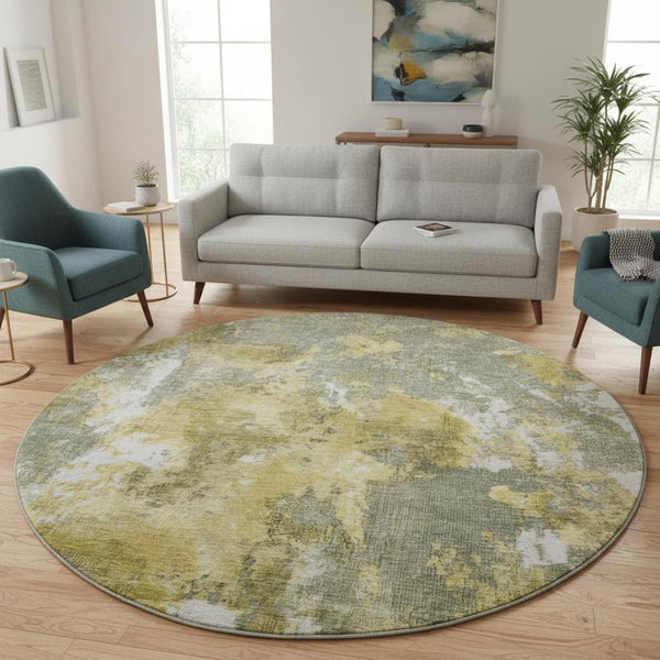 HomeRoots 8' Washable Round Rug in Taupe, Gold & Ivory Abstract Design - Stain Resistant & UV Protected! 700316