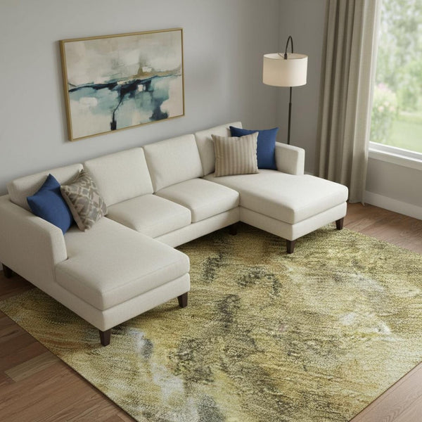 HomeRoots 10' X 14' Taupe Gold Ivory Abstract Washable Area Rug – Durable, Stylish, UV-Protected for Homes 700319